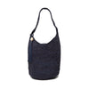 Navy colored crocheted raffia shoulder bag with leather tassel & snap closure