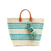 Aqua colored woven sisal basket tote with pom poms & leather handles