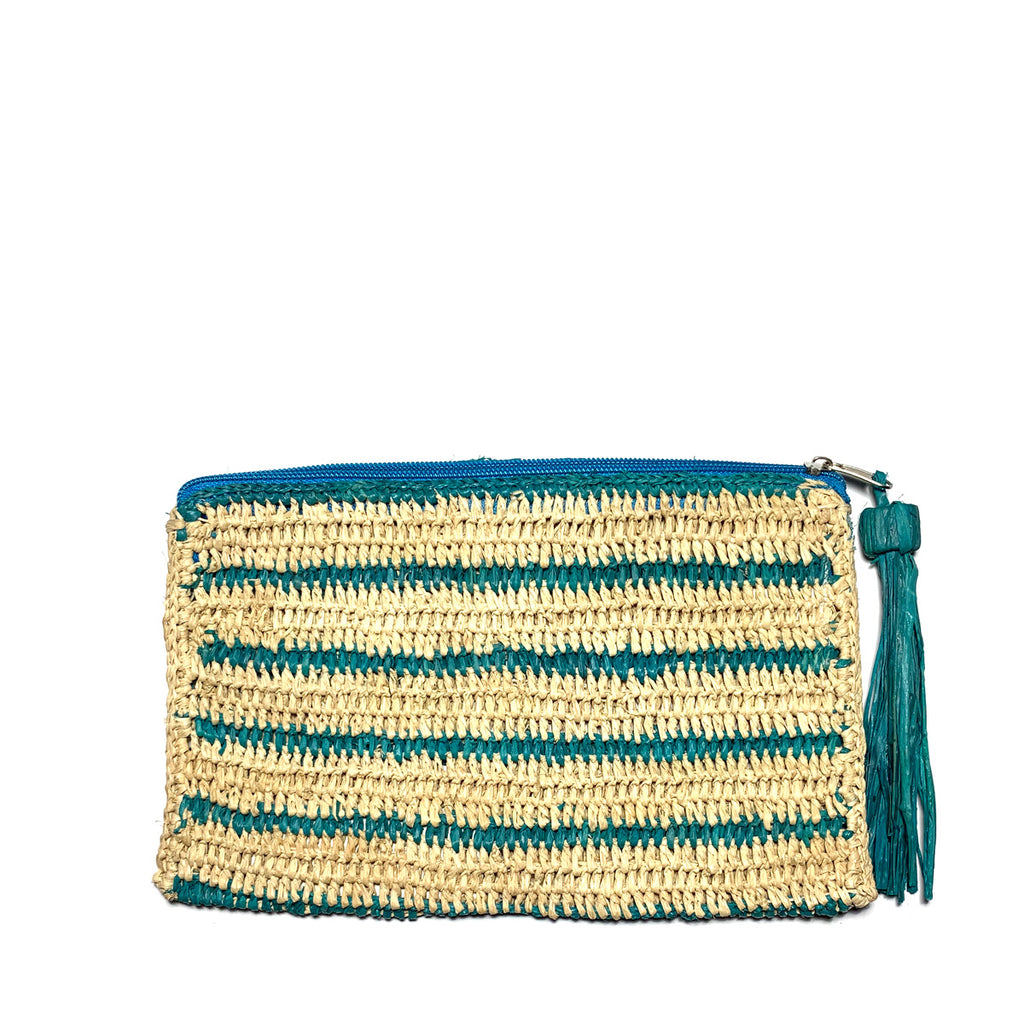 Aqua colored striped crocheted raffia zip pouch with zipper and raffia tassel
