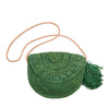 Emerald colored crocheted raffia crossbody with leather strap & removable tassels