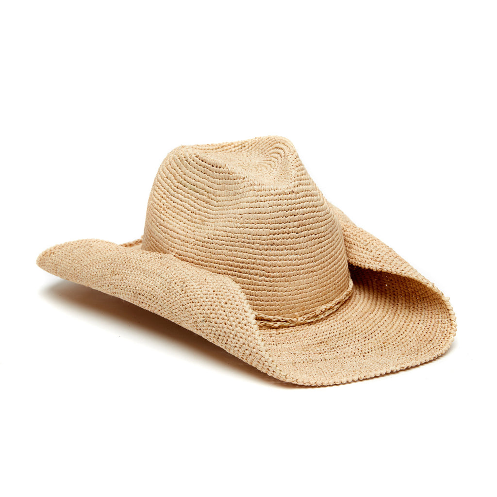 Natural colored crocheted cowboy hat with raffia cord