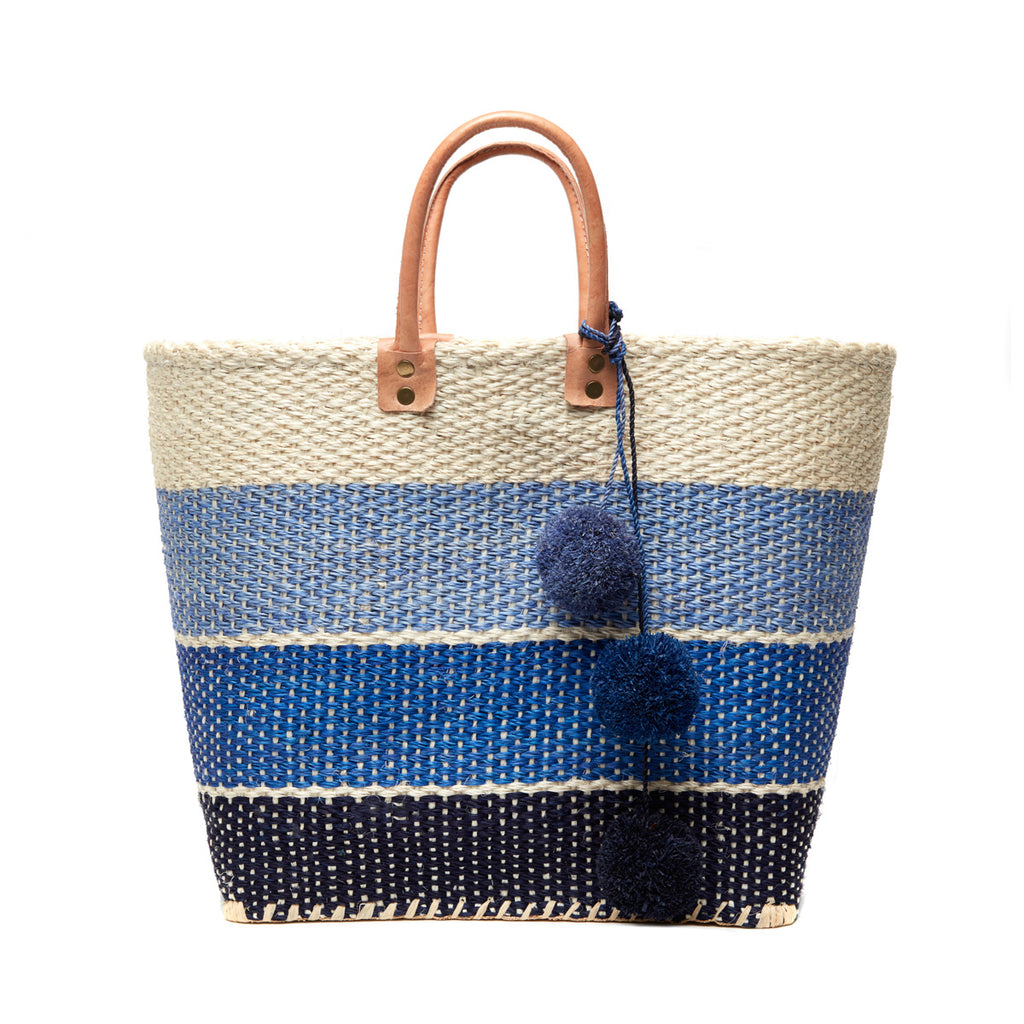 Three color navy sisal basket tote with removable poms & leather handles