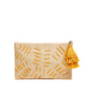 Natural raffia woven clutch with sunflower colored accent embroidery, raffia tassel and zip closure