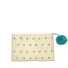 Natural woven zip pouch with aqua colored stars and pom pom