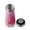 Pink and red swirl design water bottle with silver lid open