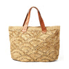 Natural colored crocheted open weave carryall with leather handles