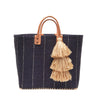 Navy sisal Marley tote with vertical natural pinstripes, leather handles and a natural raffia tassel