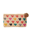 Multi colored crocheted clutch with a heart pattern, raffia pom poms and zip closure.