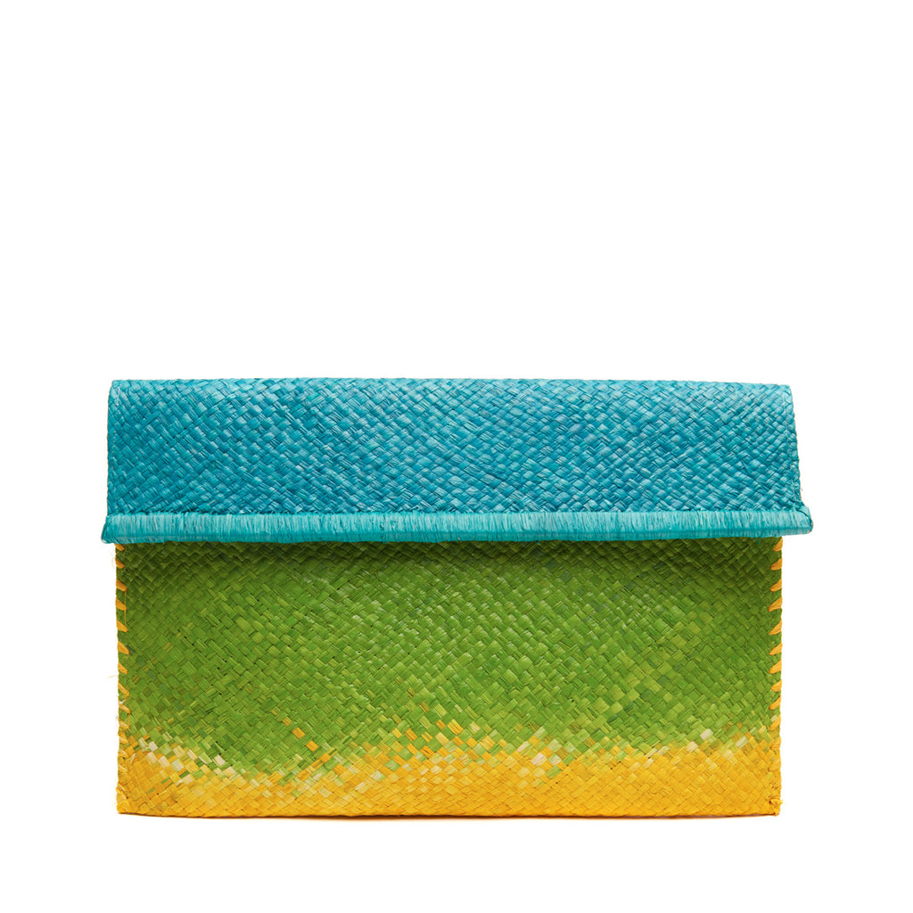 Ocean, Apple, Sunflower colored ombre woven clutch with cotton lining and snap closure
