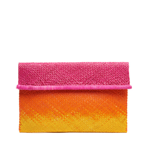 Pink, Mango, Sunflower colored ombre woven clutch with cotton lining and snap closure