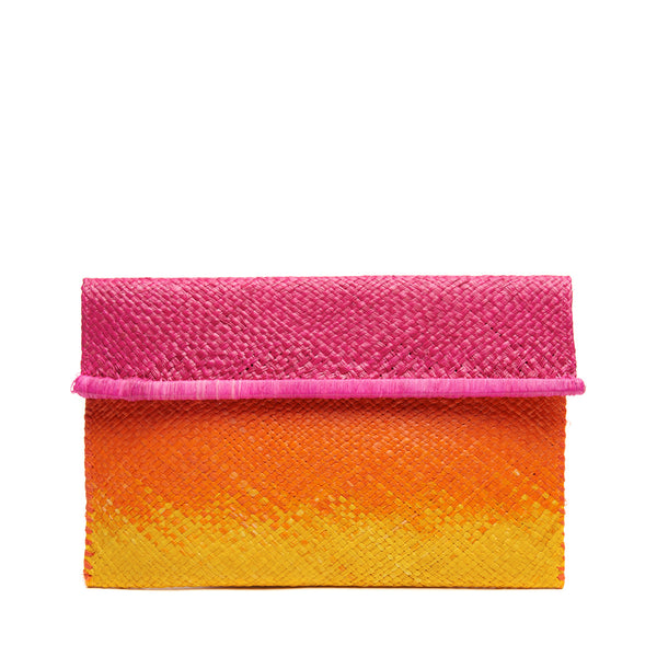 Pink, Mango, Sunflower colored ombre woven clutch with cotton lining and snap closure
