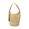 Natural colored crocheted raffia shoulder bag with leather tassel & snap closure