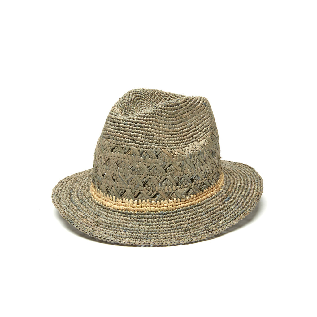 Dove colored crocheted fedora with natural colored contrast stripe