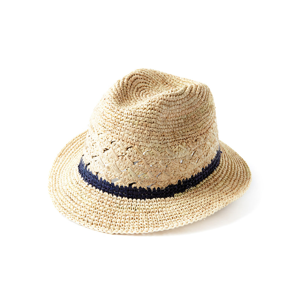 Crocheted fedora with navy contrast stripe