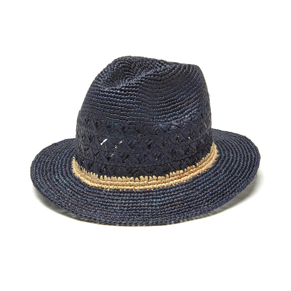 Navy crocheted fedora with natural colored contrast stripe