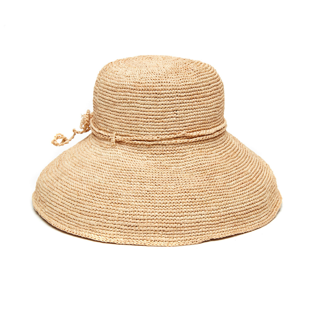 Natural colored crocheted sun hat with raffia tie