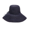 Navy colored crocheted sun hat with raffia tie