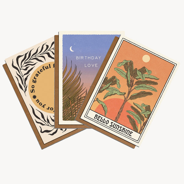 Three greeting cards in a fan shape: "hello sunshine", "Birthday Love", and "So grateful for you"