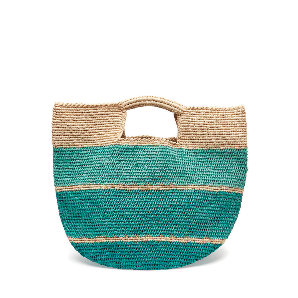 Variegated aqua colored crocheted raffia tote with inside pocket and snap closure