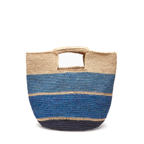 Variegated navy colored crocheted raffia tote with inside pocket and snap closure