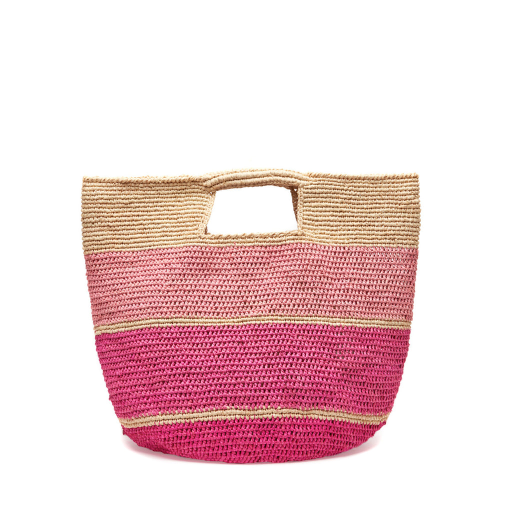 Variegated pinki colored crocheted raffia tote with inside pocket and snap closure