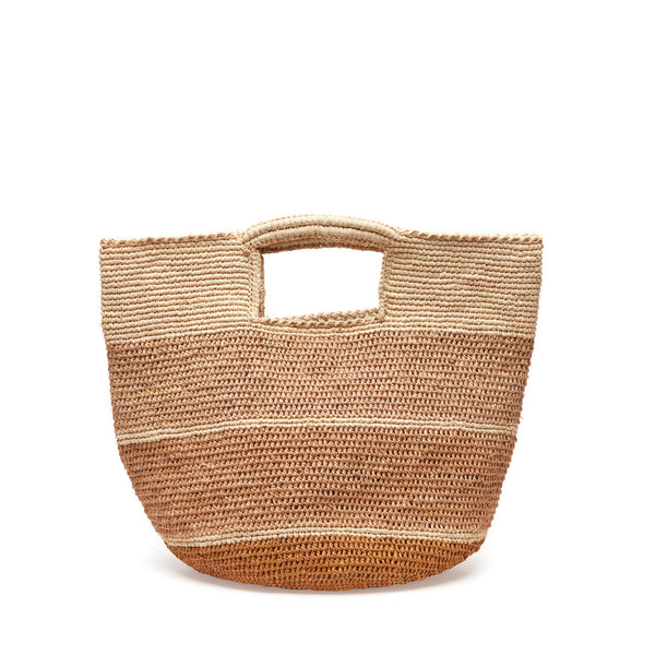 Variegated sand colored crocheted raffia tote with inside pocket and snap closure