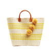 Sunflower colored woven sisal basket tote with pom poms & leather handles