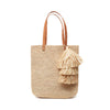 Natural colored crocheted north-south tote with cotton lining, leather straps & removable tassel