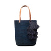 Navy colored crocheted north-south tote with cotton lining, leather straps & removable tassel