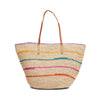 Natural colored raffia tote with multi colored stripes, cotton lining, and leather straps