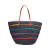 Navy colored raffia tote with multi colored stripes, cotton lining, and leather straps