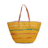 Sunflower colored raffia tote with multi colored stripes, cotton lining, and leather straps