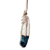 Stained glass feather with white and blue coloring hanging from leather tie
