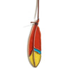 Stained glass feather with red, yellow, and blue panes hanging from leather tie