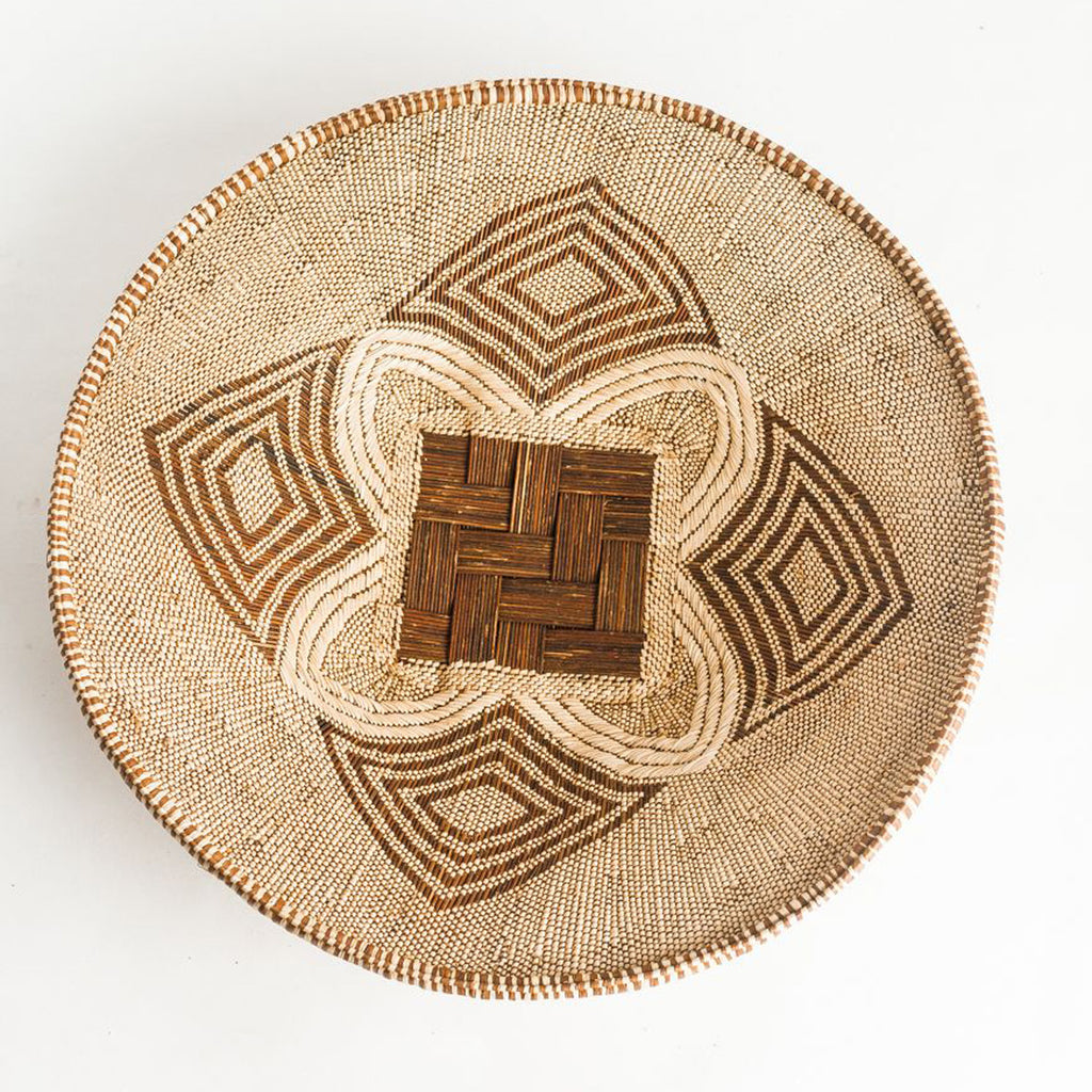 Overhead handmade Mandala wall basket in natural and brown colors