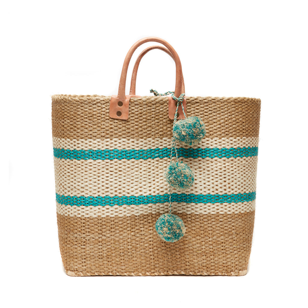 Aqua striped woven sisal basket tote with pom poms & leather handles