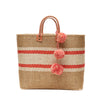  Coral striped woven sisal basket tote with pom poms & leather handles