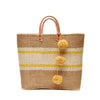 Sunflower striped woven sisal basket tote with pom poms & leather handles
