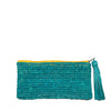 Aqua colored crochet zip pouch with raffia tassel