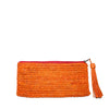 Mango colored crochet zip pouch with raffia tassel