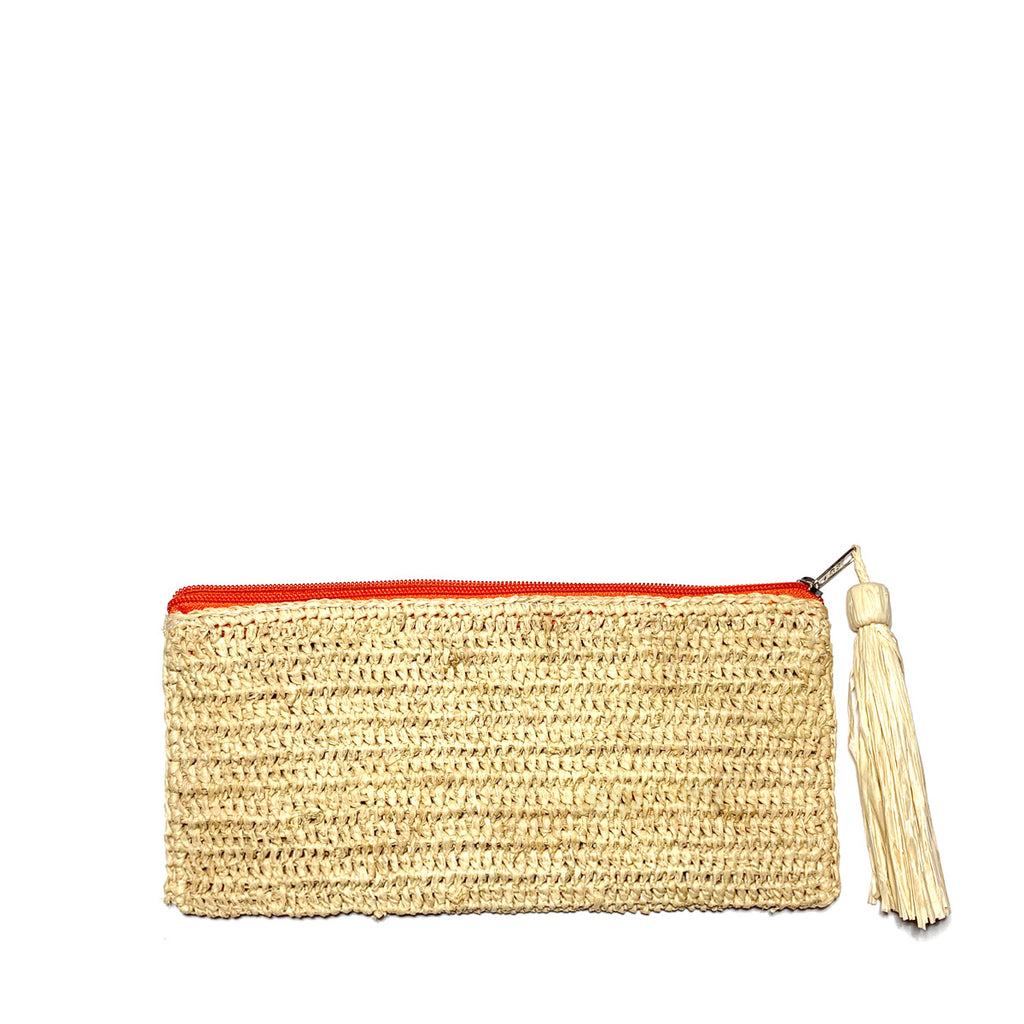 Natural colored crochet zip pouch with raffia tassel