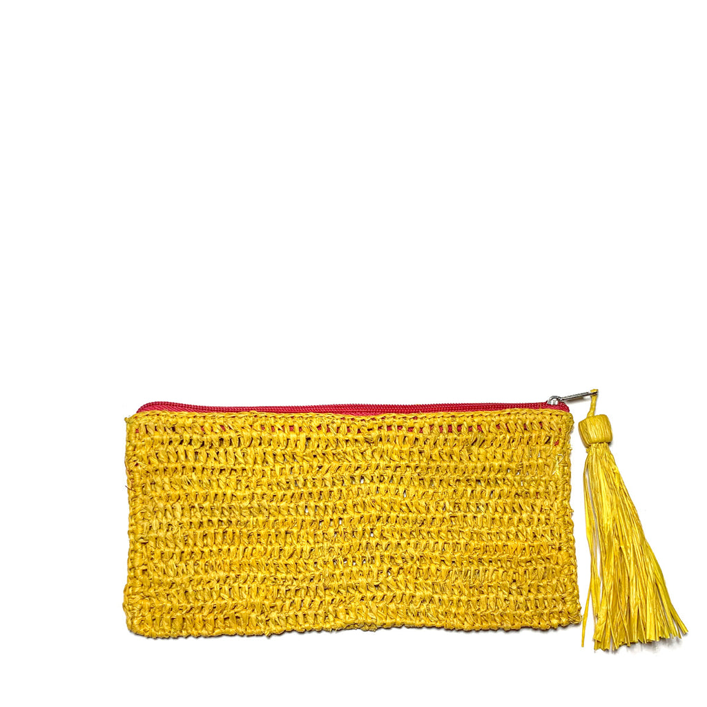 Sunflower colored crochet zip pouch with raffia tassel