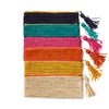 Array of 6 colored crochet zip pouches with raffia tassels