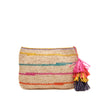 Natural colored raffia clutch with tassel and zip closure with multi colored stripes