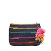Navy colored raffia clutch with tassel and zip closure with multi colored stripes