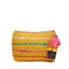 Sunflower colored raffia clutch with tassel and zip closure with multi colored stripes