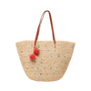 Crocheted raffia tote with cherry poms, multi polka dots, and leather straps