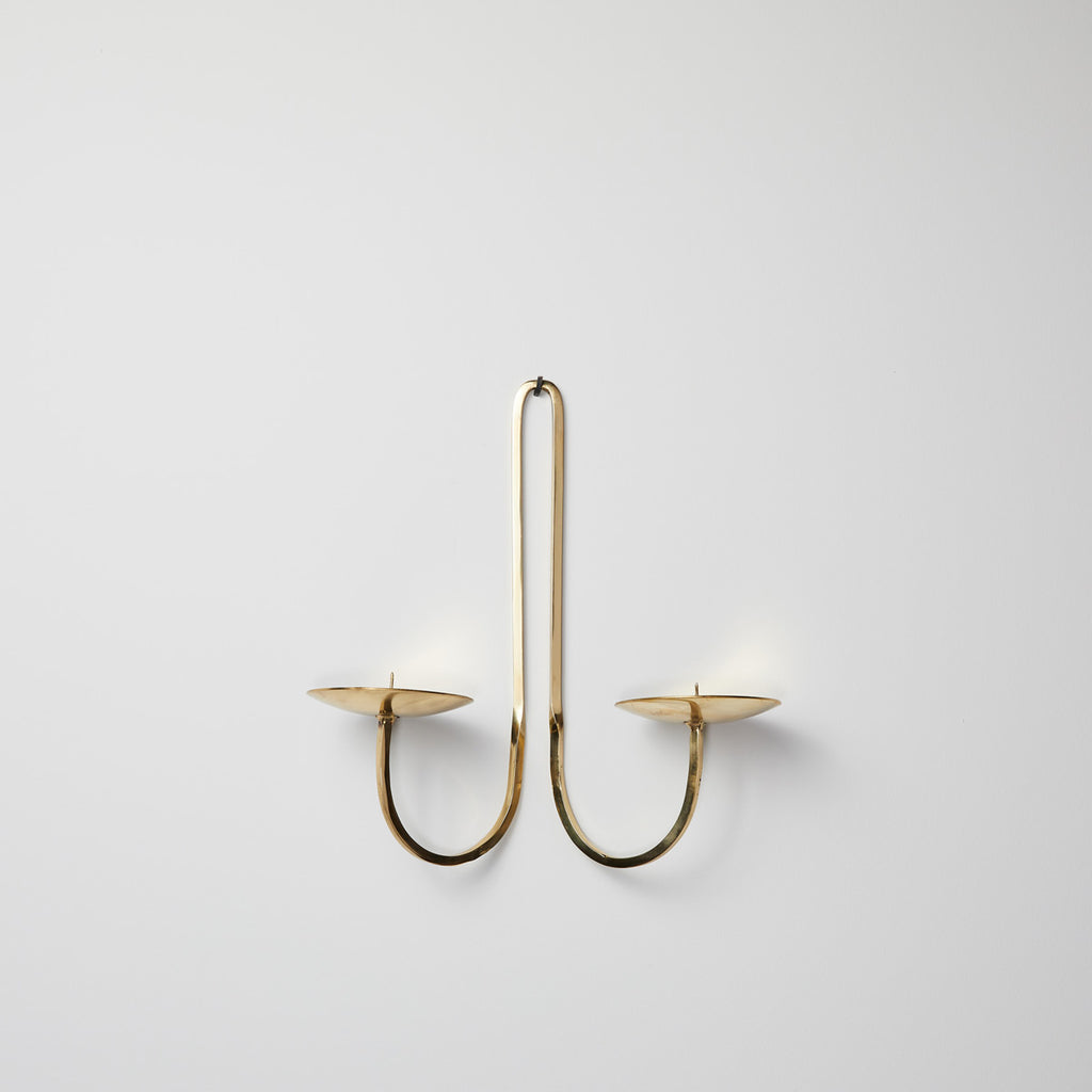 Wall hanging brass candle holder for two candles
