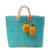 Hadley woven sisal beach tote in Aqua with lemon pom pom charms and leather handles