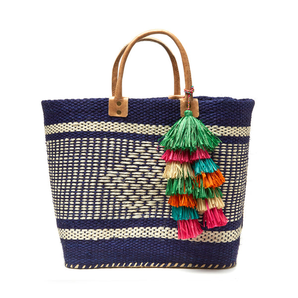 Navy with white pattern woven sisal basket tote with raffia tassels & leather handles